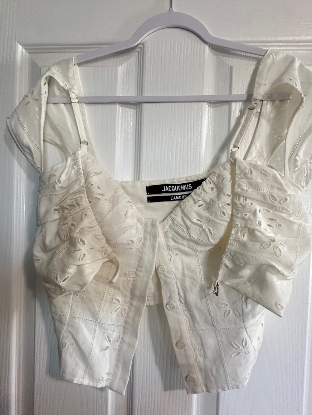 Jacquemus Cream Eyelet Ruffle Crop Top